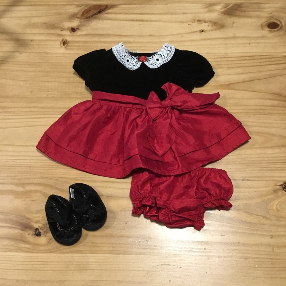 Pretty Baby Christmas Dress Bloomer & Shoes Lovely Lace Collar Y2K Vintage NB